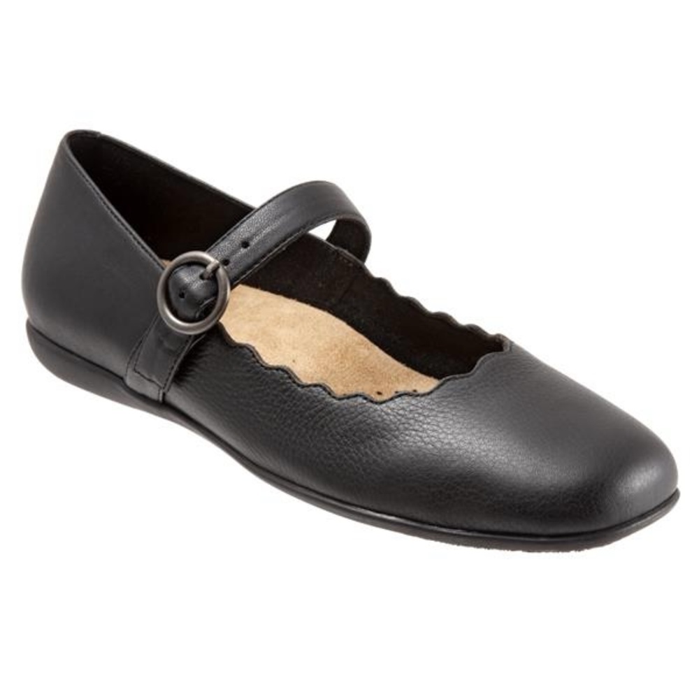 Women's Trotters Sugar Flat Black Mary Jane Size 7 Leather Scalloped Buckle Shoe